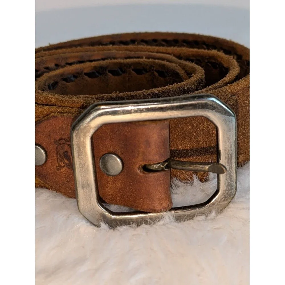 True Religion Brown Suede Leather Belt with Silver Buckle Think Stitch